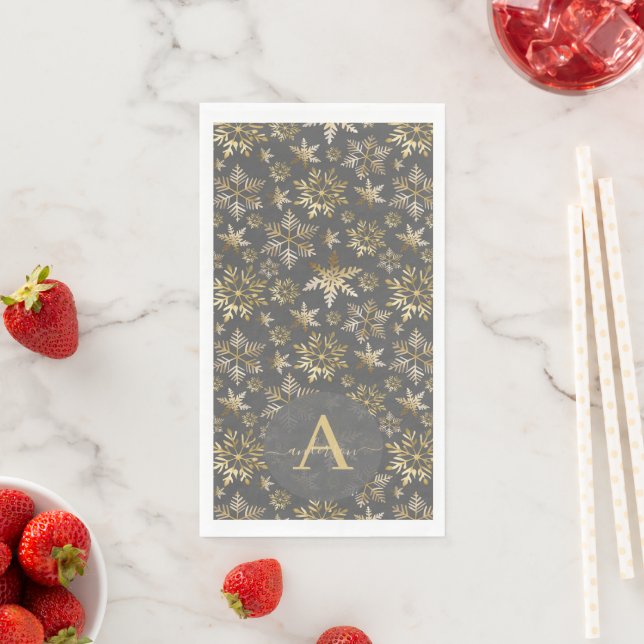 Elegant Gold Foil Snowflakes Grey Christmas Paper Guest Towels (Insitu)