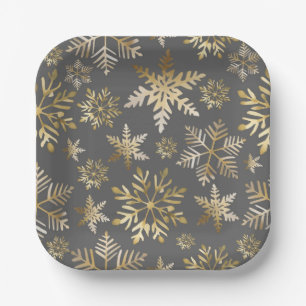 Elegant Gold Foil Snowflakes Grey Christmas Paper Plates