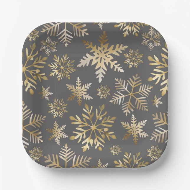 Elegant Gold Foil Snowflakes Grey Christmas Paper Plates (Front)