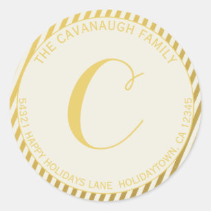 Elegant Gold Foil Stripe Monogram Address Classic Round Sticker
