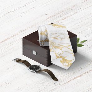 Elegant Gold Foil Style on Chic White Marble Neck Tie
