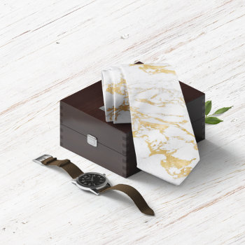 Elegant Gold Foil Style On Chic White Marble Neck Tie by CedarAndString at Zazzle