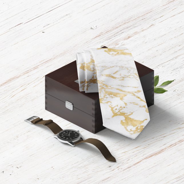Elegant Gold Foil Style on Chic White Marble Neck Tie (Creator Uploaded)