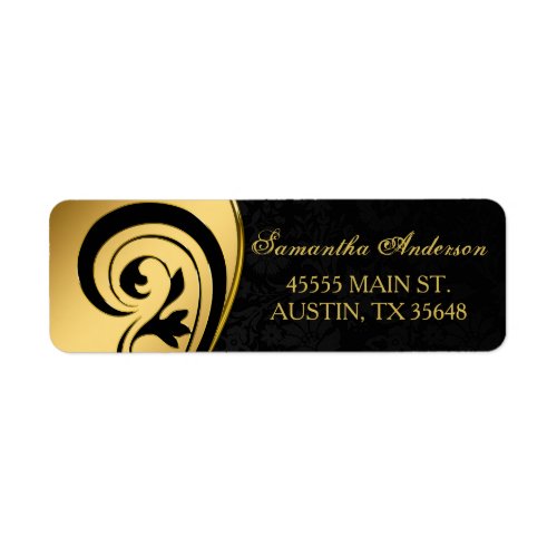 Elegant gold foil swirls black damask address label