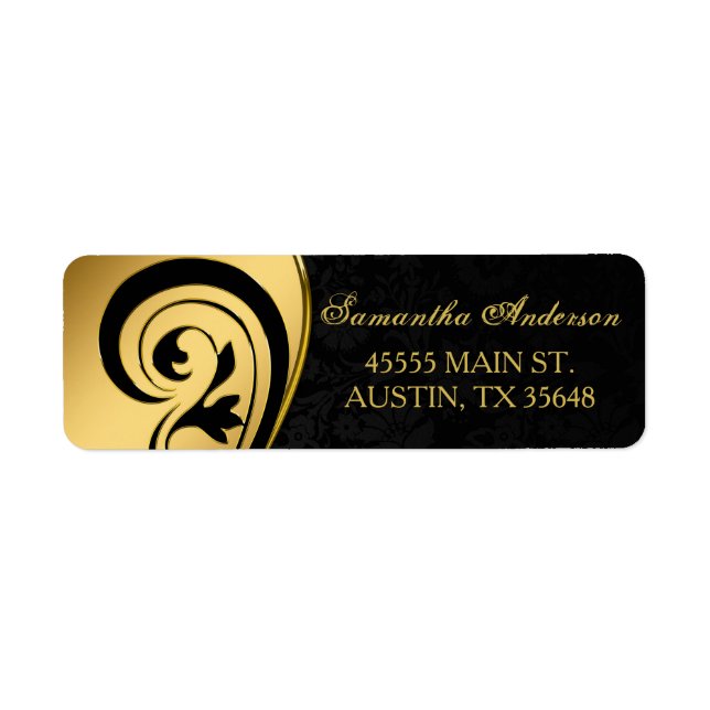 Elegant, gold foil, swirls, black damask address label (Front)