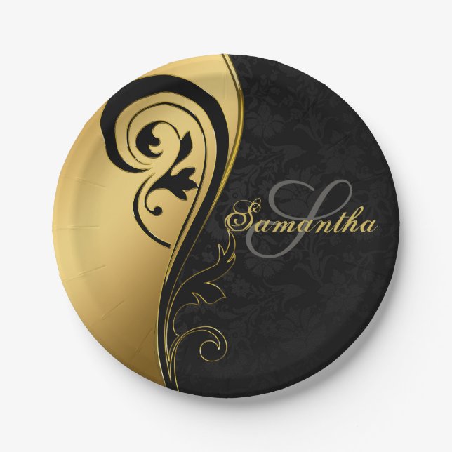 Elegant, gold foil, swirls, black damask, monogram paper plates (Front)