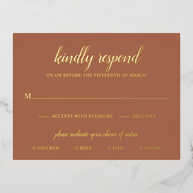 Elegant Gold Foil Terracotta Wedding RSVP Card (Front)