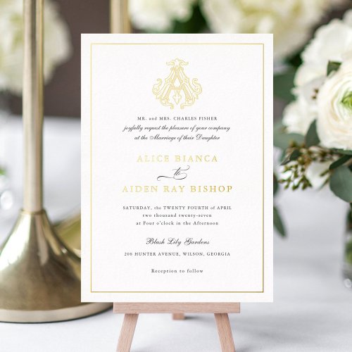 Elegant Gold Foil Vintage Monogram AA Wedding Foil Invitation