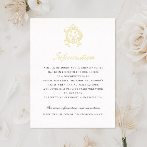 Elegant Gold Foil Vintage Monogram AD Wedding Info Foil Invitation Postcard