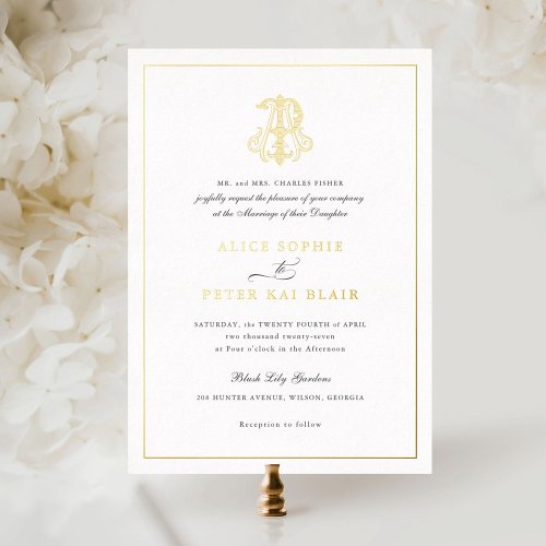 Elegant Gold Foil Vintage Monogram AP Wedding Foil Foil Invitation