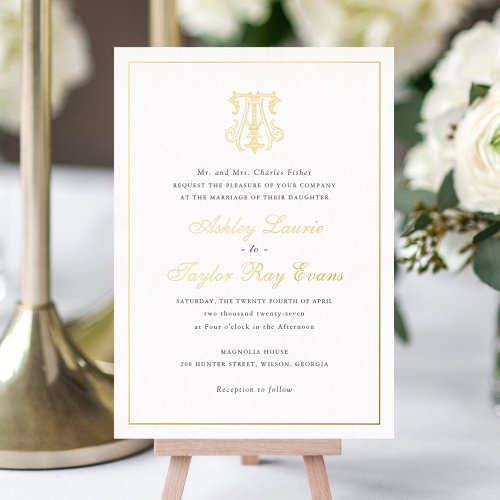 Elegant Gold Foil Vintage Monogram AT Wedding Foil Invitation