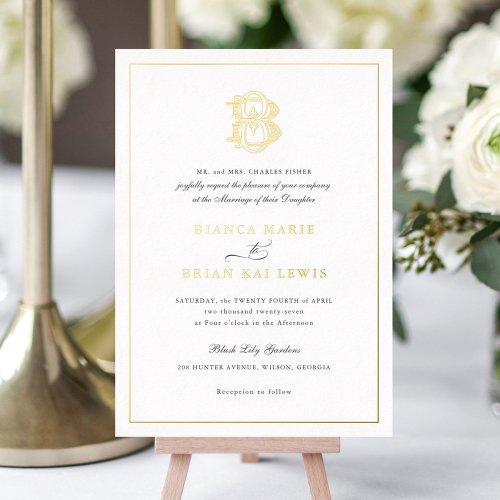 Elegant Gold Foil Vintage Monogram BB Wedding Foil Foil Invitation