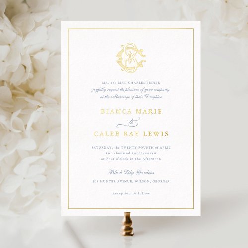 Elegant Gold Foil Vintage Monogram BC Dusty Blue Foil Invitation