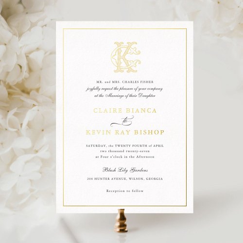 Elegant Gold Foil Vintage Monogram CK Wedding Foil Foil Invitation