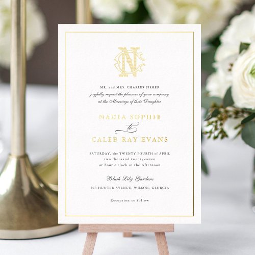 Elegant Gold Foil Vintage Monogram CN Wedding Foil Foil Invitation