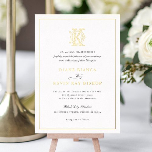 Elegant Gold Foil Vintage Monogram DK Wedding Foil Foil Invitation