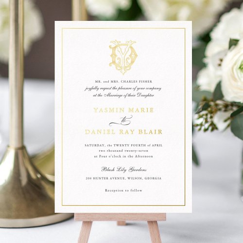 Elegant Gold Foil Vintage Monogram DY Wedding Foil Invitation