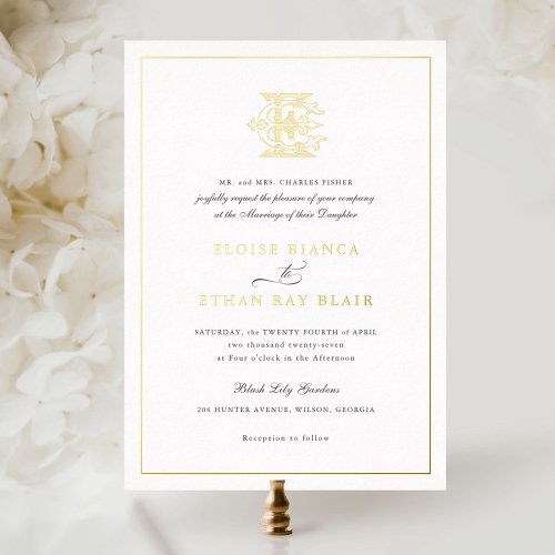 Elegant Gold Foil Vintage Monogram EE Wedding Foil Foil Invitation
