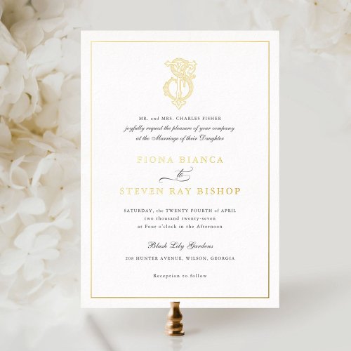 Elegant Gold Foil Vintage Monogram FS Wedding Foil Invitation