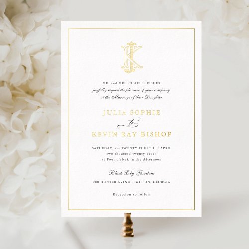Elegant Gold Foil Vintage Monogram JK Wedding Foil Foil Invitation