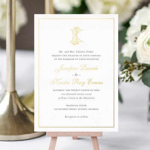 Elegant Gold Foil Vintage Monogram JK Wedding Foil Invitation