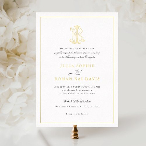 Elegant Gold Foil Vintage Monogram JR Wedding Foil Foil Invitation