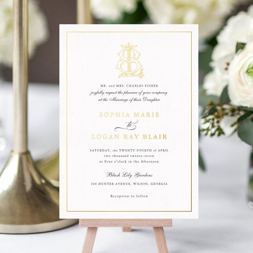 Elegant Gold Foil Vintage Monogram LS Wedding Foil Invitation