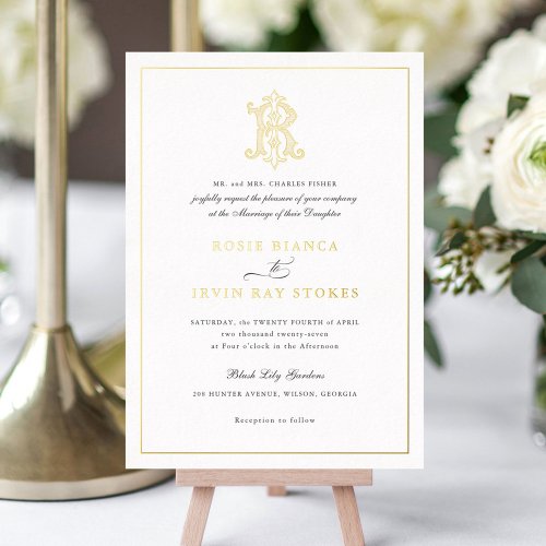 Elegant Gold Foil Vintage Monogram RI Wedding Foil Foil Invitation