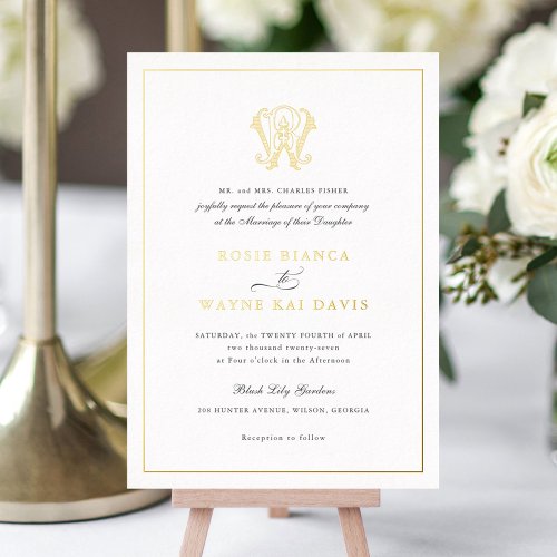 Elegant Gold Foil Vintage Monogram RW Wedding Foil Foil Invitation