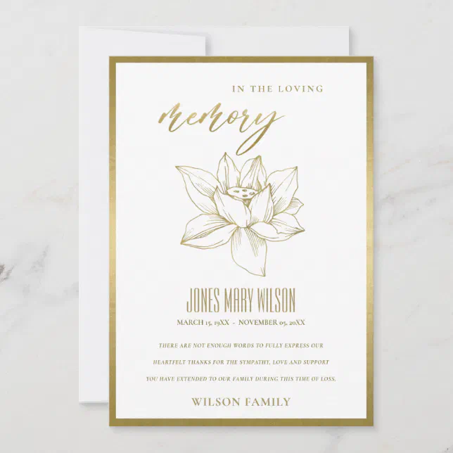 ELEGANT GOLD FOIL WATER LILY SYMPATHY MEMORIAL THANK YOU CARD | Zazzle