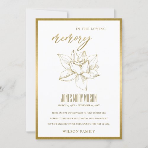ELEGANT GOLD FOIL WATER LILY SYMPATHY MEMORIAL THANK YOU CARD