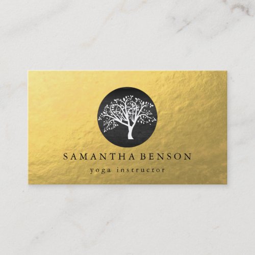 Elegant Gold Foil Watercolor Tree Yoga Meditation Business Card