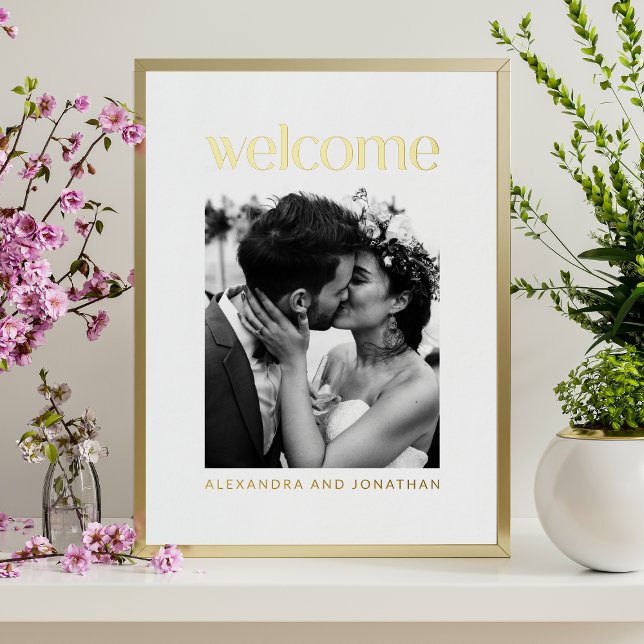 Elegant Gold Foil White Photo Wedding Welcome Sign (Creator Uploaded)