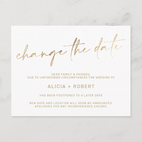 Elegant gold foil white wedding change the date announcement postcard