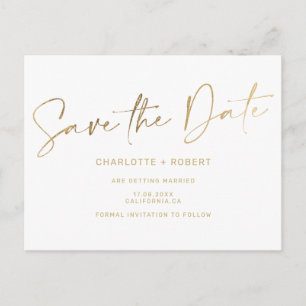 Elegant gold foil white wedding save the date announcement postcard