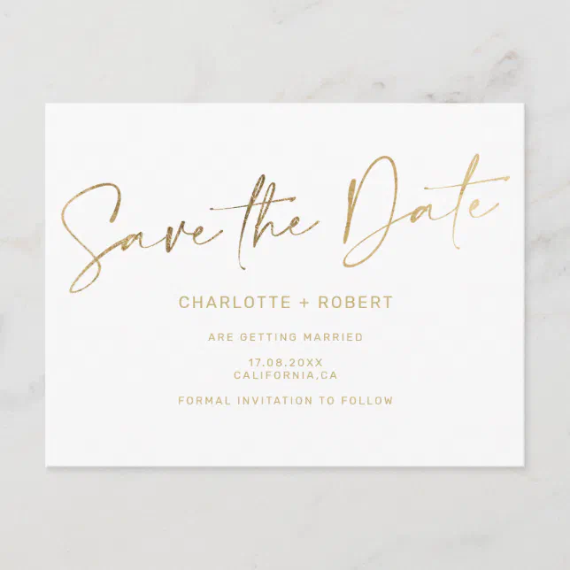 Elegant gold foil white wedding save the date announcement postcard ...