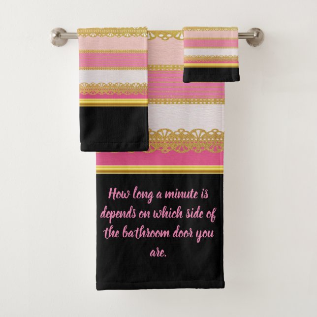 Elegant Gold Foil with pink and white Stripe Bat B Bath Towel Set (Insitu)