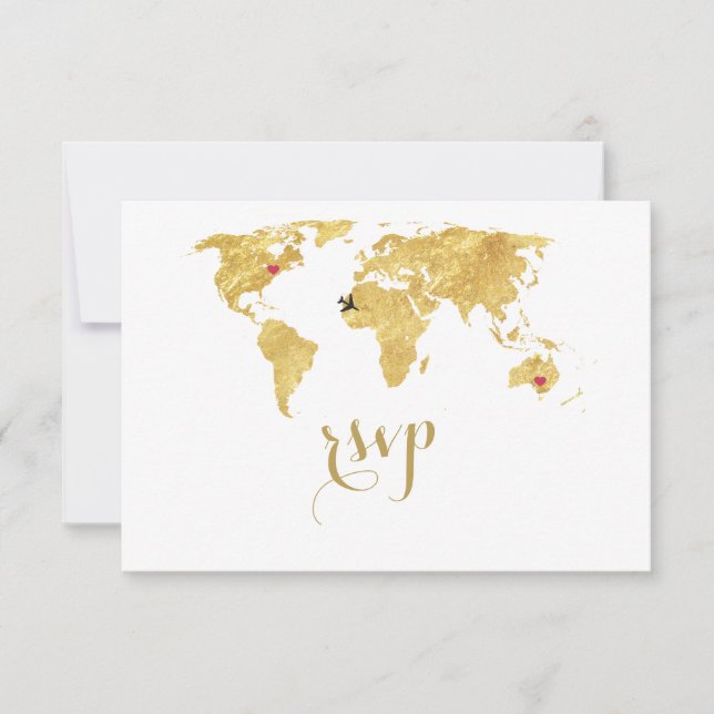 Elegant Gold Foil World Map Destination Wedding RSVP Card (Front)