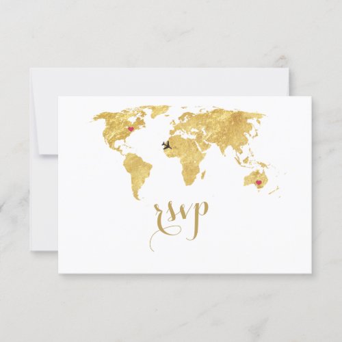 Elegant Gold Foil World Map Destination Wedding RSVP Card