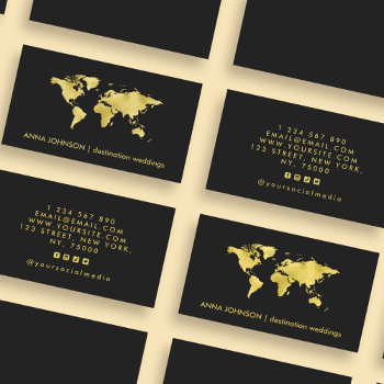 Elegant Gold Foil World Map Global Travel Agent Business Card by LovelyVibeZ at Zazzle