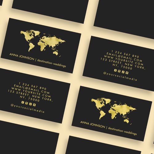 Elegant Gold Foil World Map Global Travel Agent Business Card