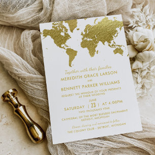 Elegant Gold Foil World Map Wedding Invitation