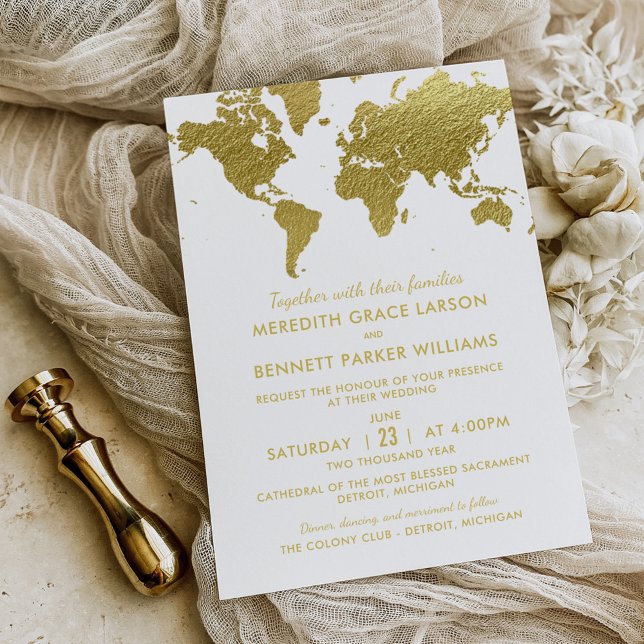 Elegant Gold Foil World Map Wedding Invitation (Creator Uploaded)