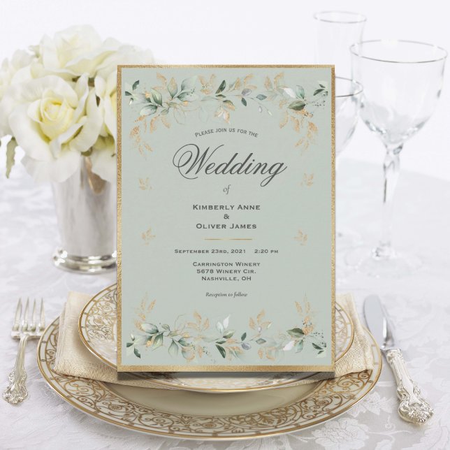 Elegant Gold Foilage Watercolor Sage Green Script Invitation (Creator Uploaded)