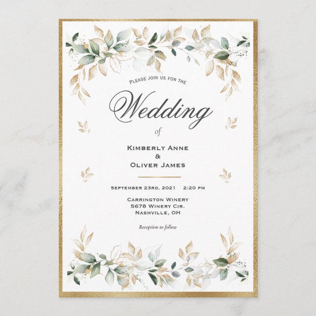 Elegant Gold Foilage Watercolor Script Invitation (Front)