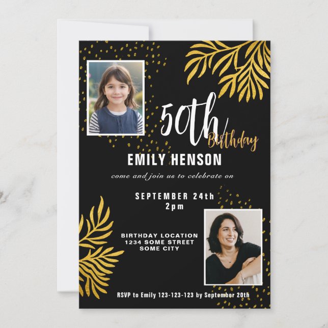  Elegant Gold Foliage 2 Photo 50th Birthday Party  Invitation (Front)