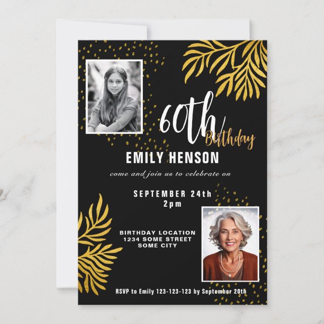  Elegant Gold Foliage 2 Photo 60th Birthday Party  Invitation (Front)