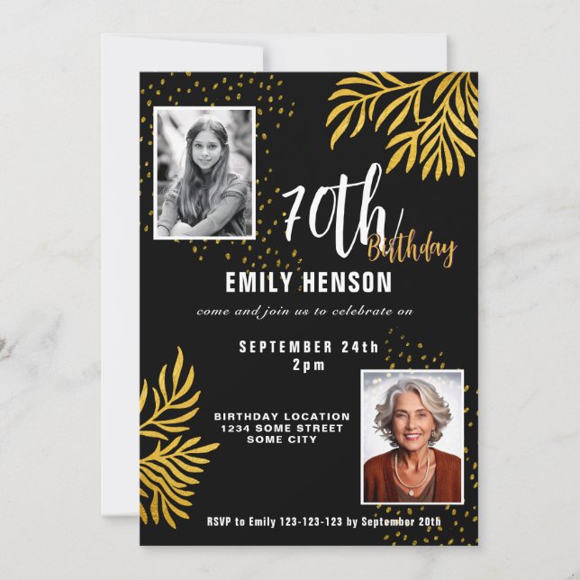 Elegant Gold Foliage 2 Photo 70th Birthday Party  Invitation (Front)