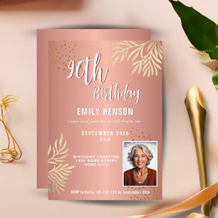  Elegant Gold Foliage 2 Photo 90th Birthday Party  Invitation