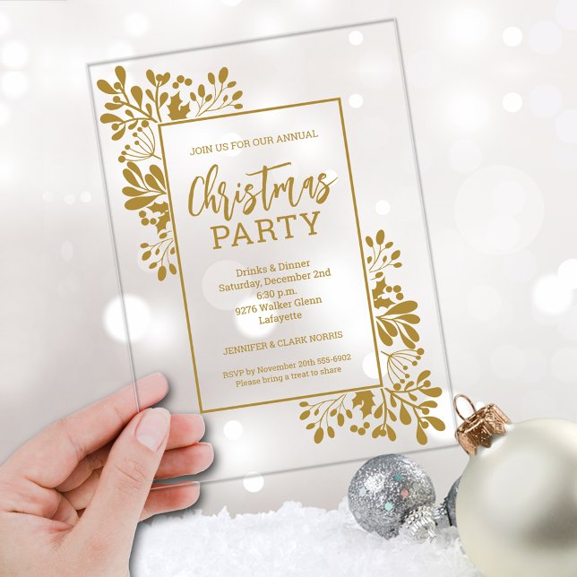 Elegant Gold Foliage Christmas Party Acrylic Invitations (Elegant gold foliage CLEAR ACRYLIC Christmas party invitations)
